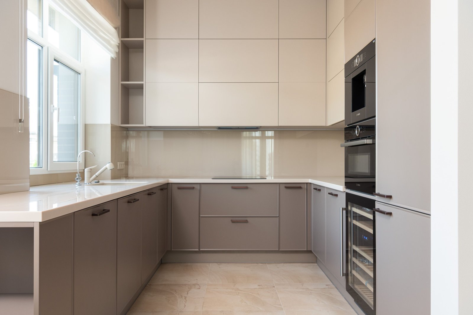 Precision-fitted modern kitchen cabinetry